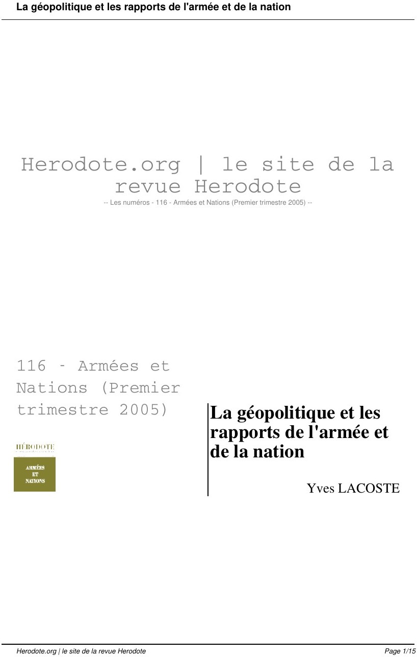 La géopolitique et les rapports de l’armée et de la nation (revue Hérodote, n° 116)