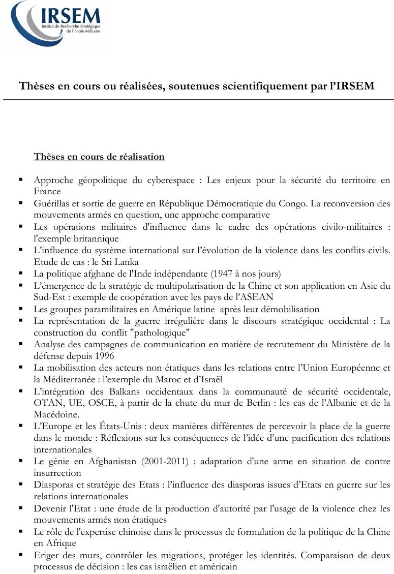 Thèses en cours ou réalisées, soutenues scientifiquement par l'IRSEM