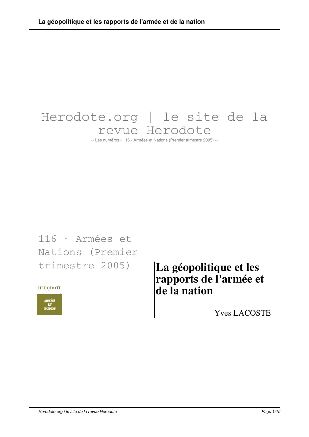 La géopolitique et les rapports de l’armée et de la nation (revue Hérodote, n° 116)