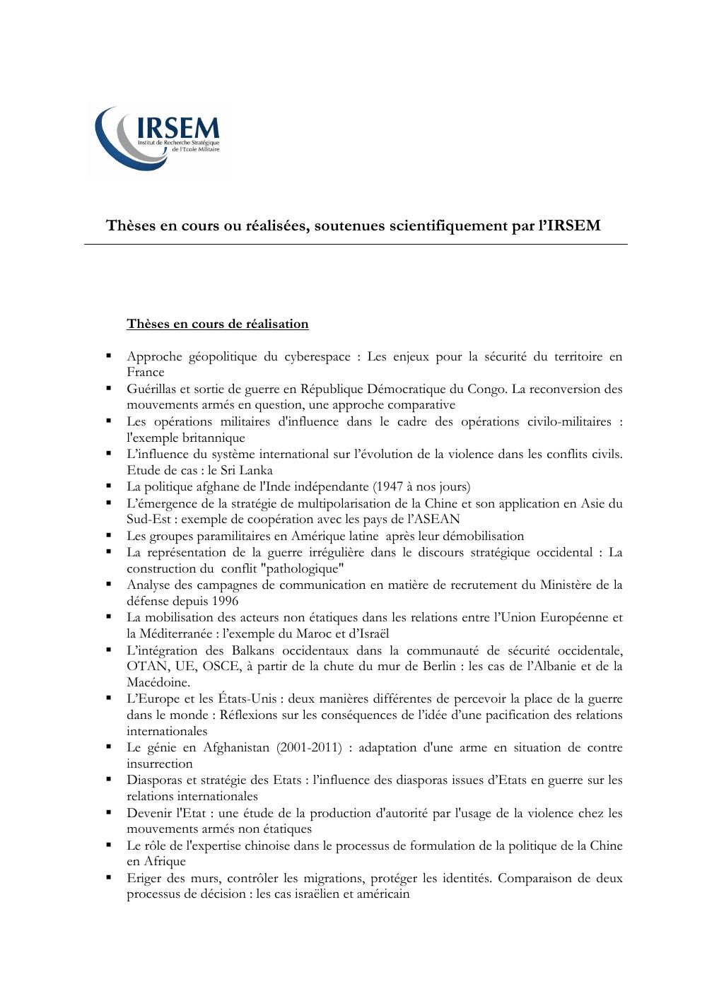 Thèses soutenues par l 'IRSEM