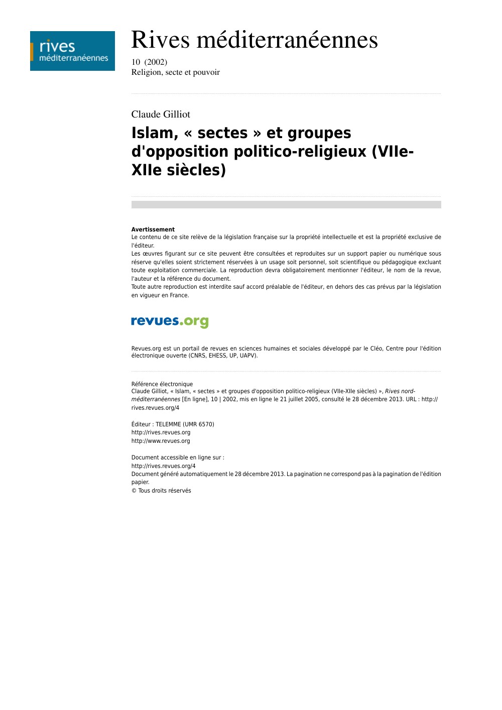 Islam, « sectes » et groupes d’opposition politico-religieux (VIIIᵉ–XIIIᵉ s.)