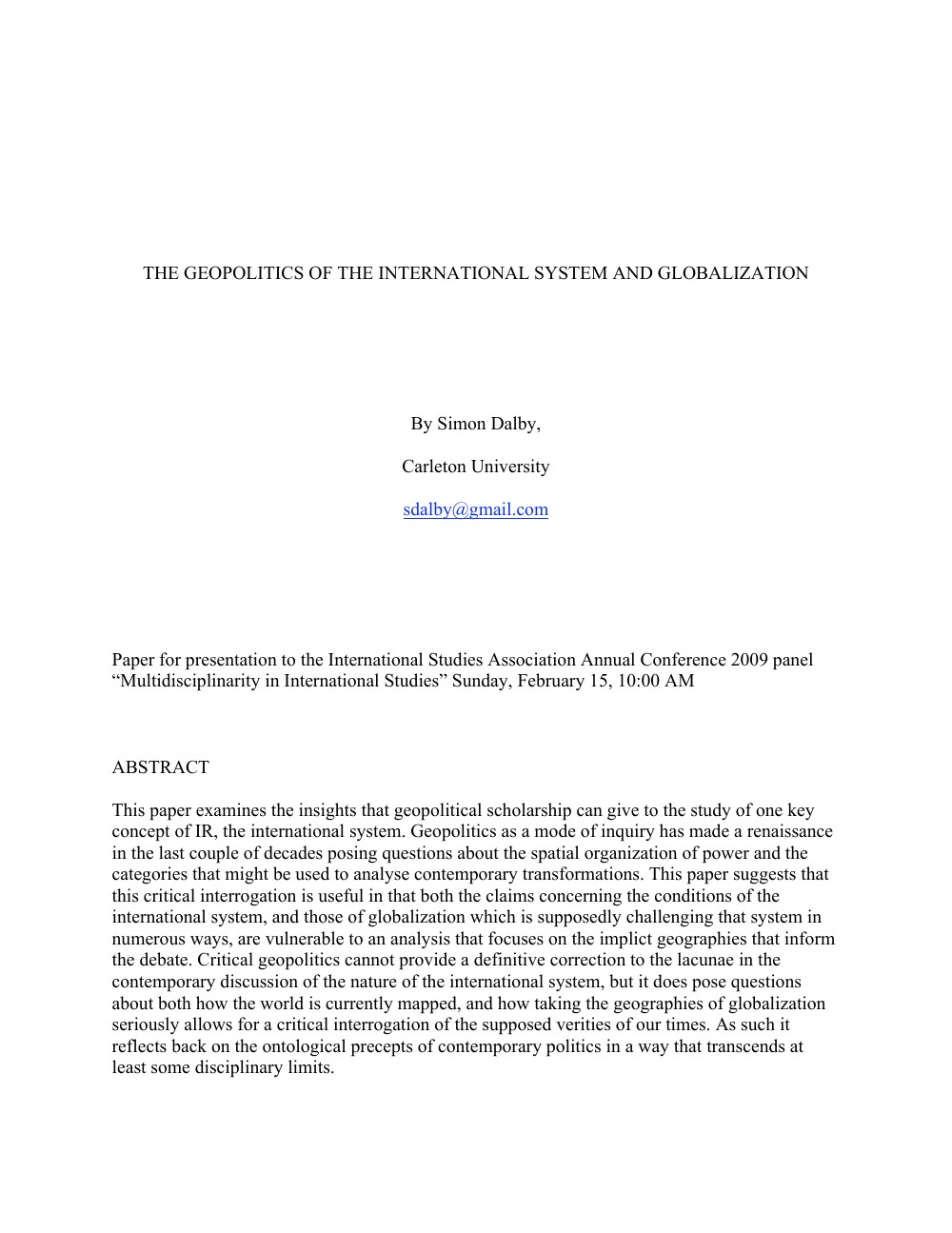 La géopolitique du système international et de la mondialisation